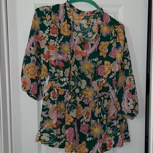 Green Floral Peplum Blouse with Pink & Yellow Flowers